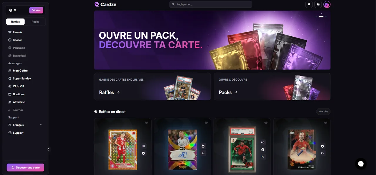 L'accueil : ouvre un pack, découvre ta carte